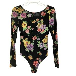 WAYF Black Floral Print Nylon Bodysuit Misses size XS